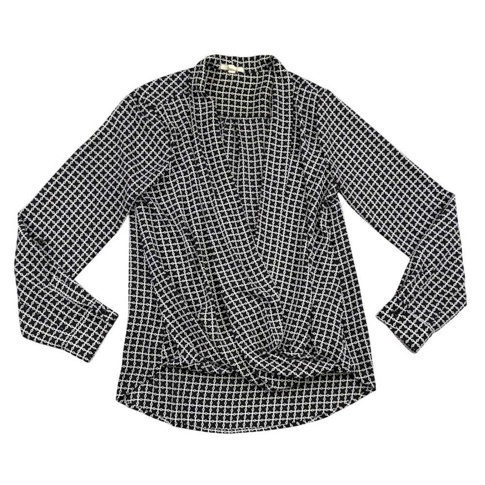 Pleione Womens Black White Geometric Chain Link Surplice Blouse Size M 55297